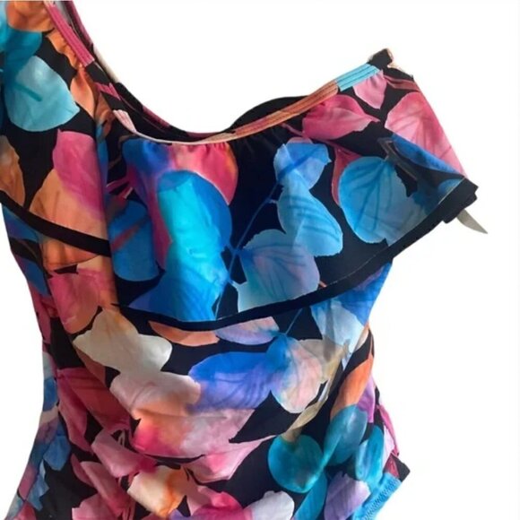 New! Profile by Gottex Color Rush Black Ruffle One Shoulder One Piece Swimsuit - Picture 6 of 8